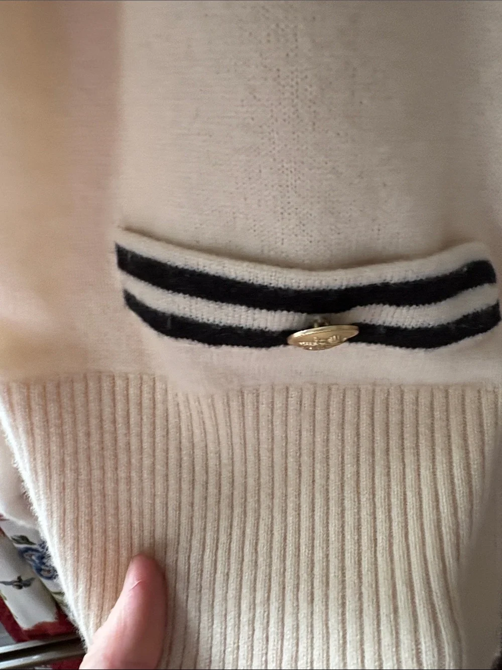 J. Crew Cream Cardigan with Black Trim and Gold Buttons